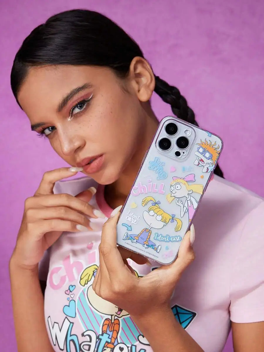 Transparent Pink Cartoon-Style Phone Case with Chill Graphic Design for iPhone