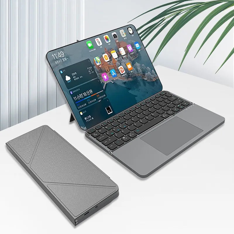 Multi-functional Wireless Bluetooth 5.0 Folding Keyboard for Tablet/Phone/PC Detachable Leather Stand Touch Portable Keyboard
