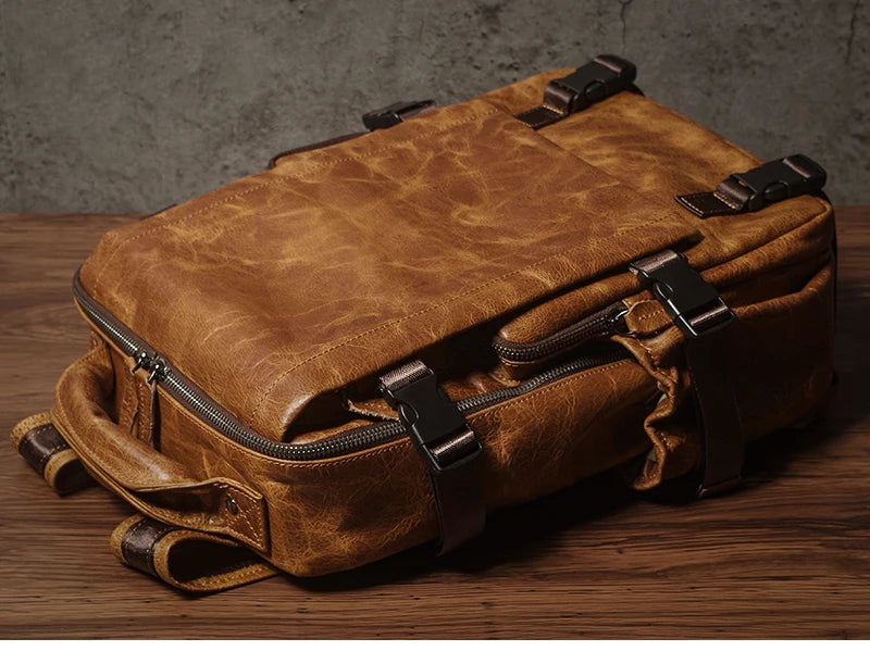 NUKA Men Top Grain Leather Backpack 15 Inch Laptop Bag For Daily Commute Travel Outdoor Hiking Genuine Leather Durable Rucksack