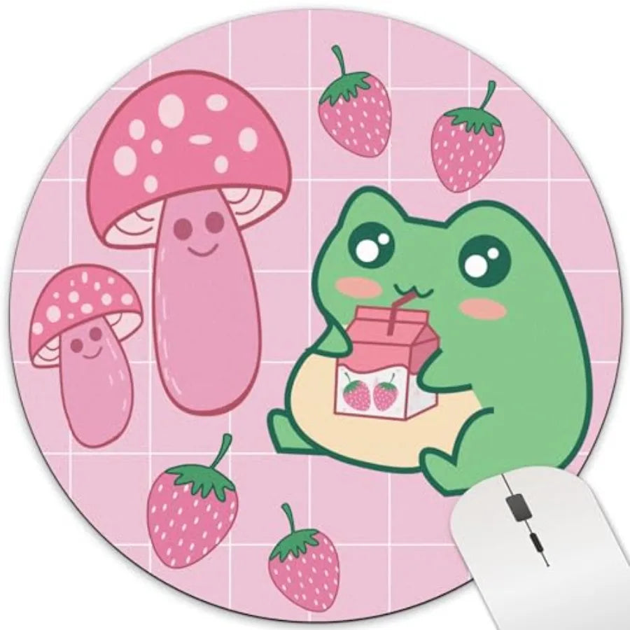 Pink Kawaii Frog Cute Round Mouse Pad Mushroom Strawberry Circle Mousepad Desk Mat Aesthetic Preppy Women Office Small Accessor