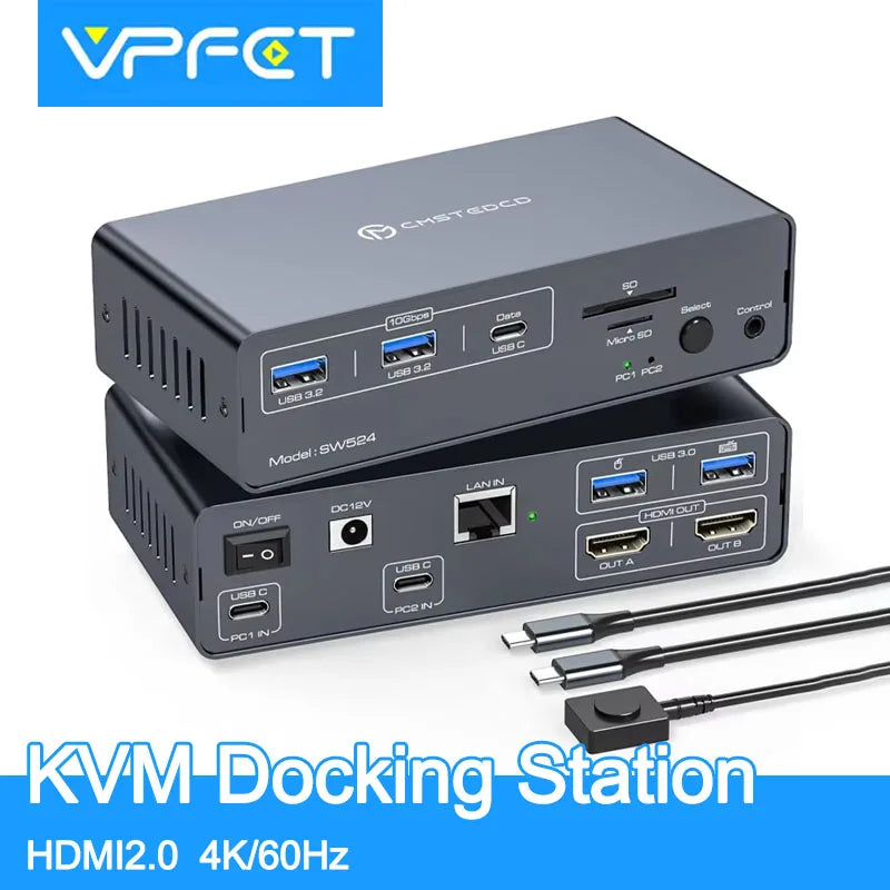 USBC KVM Docking Station HDMI 4K60HZ Computer Monitor Supports USB-C 10Gbps 12V 1.5A Power Adapter Shared Mouse and Keyboard