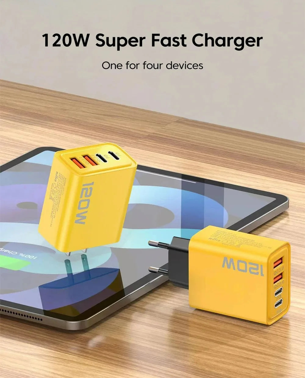 4 Port USB PD Charger 120W Type C Quick Charge Mobile Phone Charger Adapter For iPhone Samsung Xiaomi EU/US/UK Plug Wall Charger