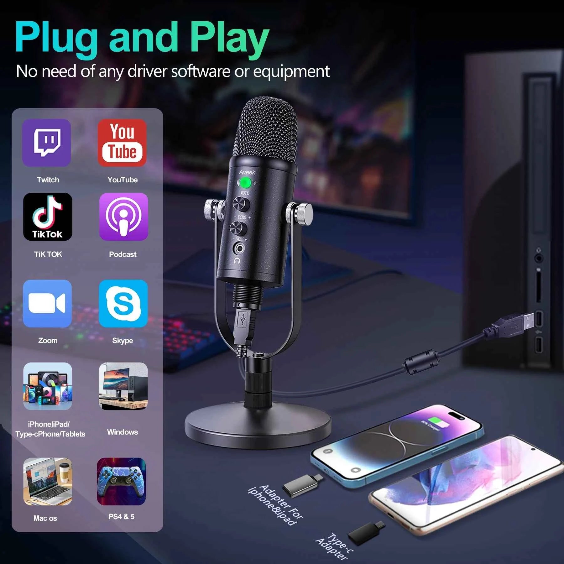Mercase USB Condenser Microphone – Plug & Play Cardioid Mic with Mute Button for PC, Phone, PS4 & PS5, Recording & Streaming.