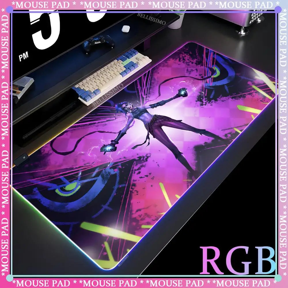 RGB League of Legends MousePad Gamer Jinx Anime Girl LED Game Accessories Keyboard Pad Large Desk mats Rubber Luminous Mouse Pad