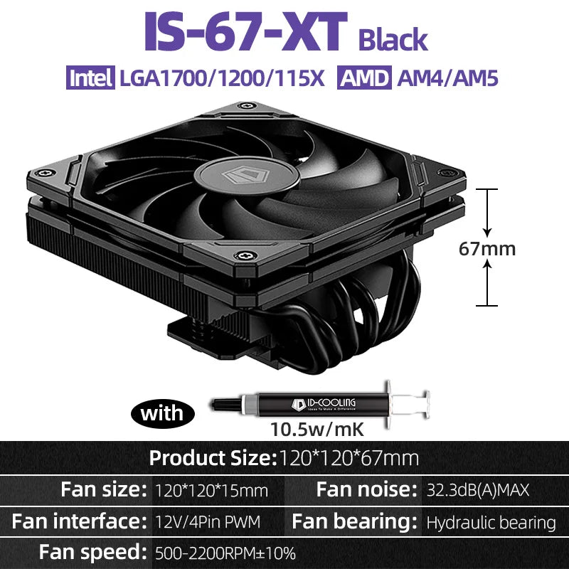 ID Cooling IS-67-XT 6 Heat pipes CPU Cooler Hydraulic Bearings Low Noise Cooling Fan Push Type Air Radiator with Thermal Paste