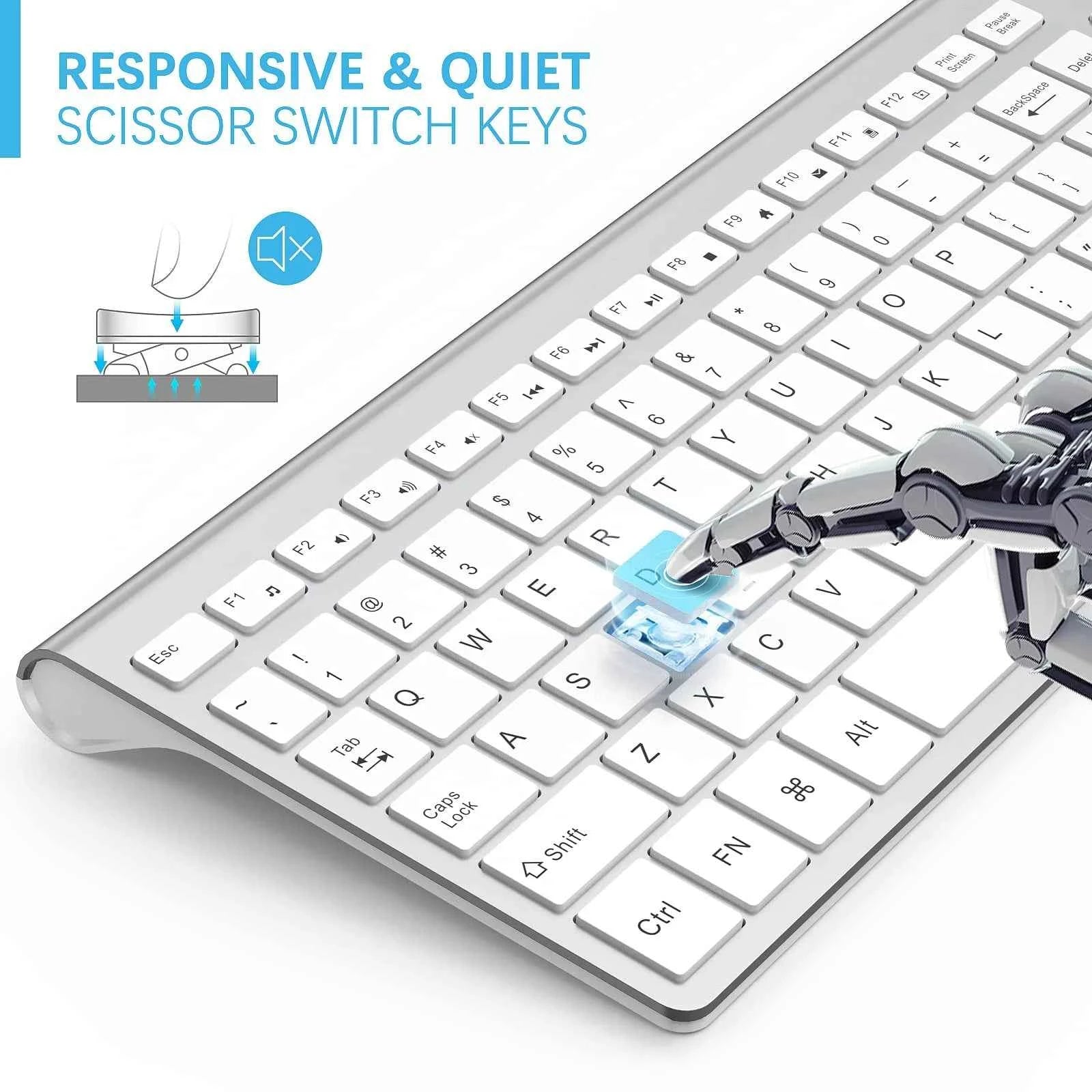 Wireless Keyboard Mouse Combo,U.S. Layout,2.4G USB Compact and Convenient, Slim, Portable Ergonomic, Silver White