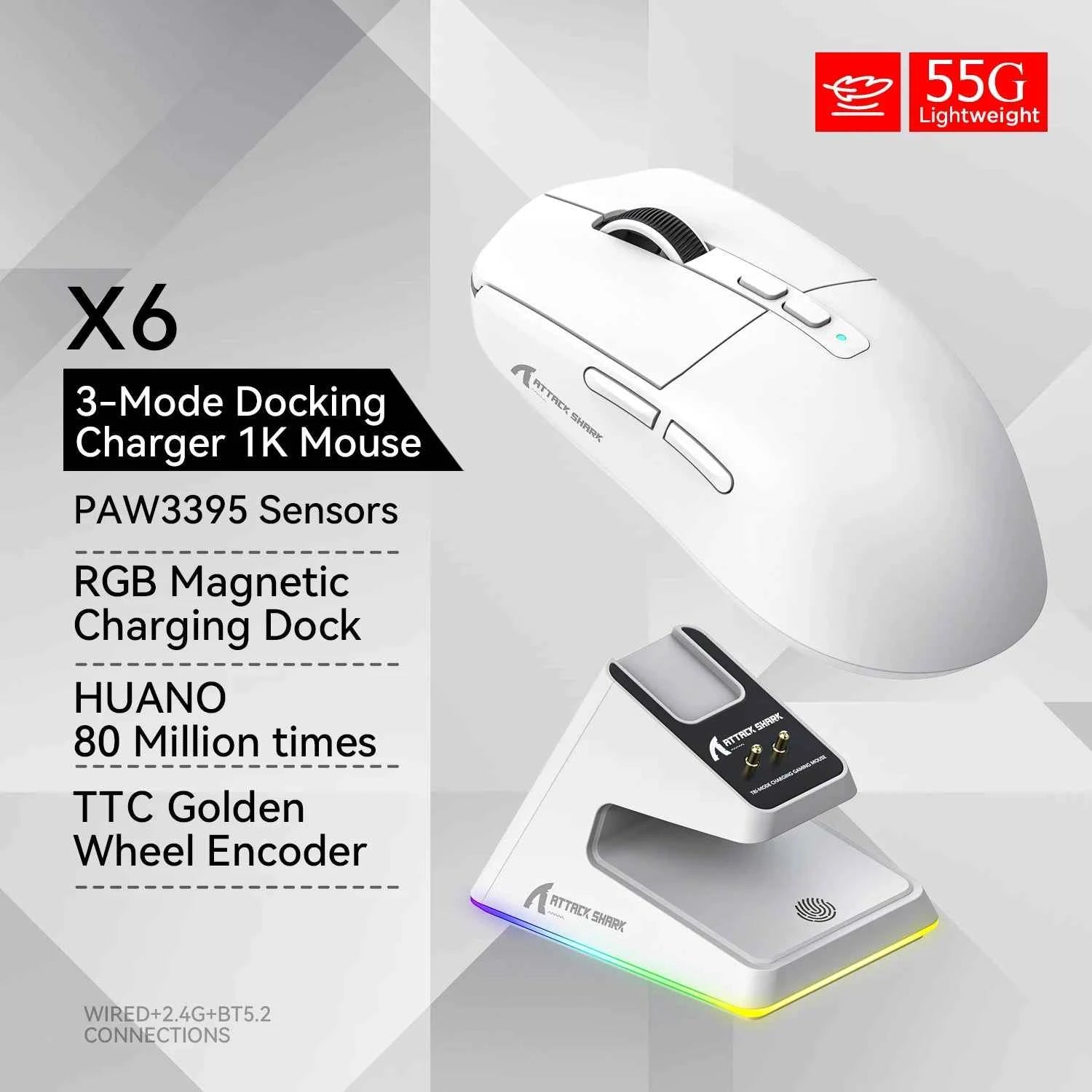 Attack Shark X6 PAW3395 Bluetooth Mouse,2.4 Tri-Mode Connection, RGB Touch Magnetic Charging Base, Macro Gaming Mouse