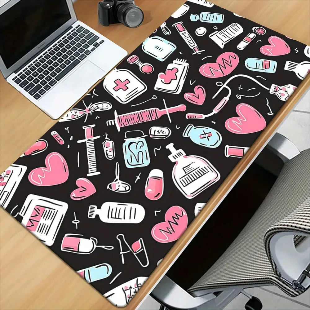 One Pink Gaming Mouse Pad with a Medical Theme, Featuring a Design of Stethoscopes, Bottles, And Hearts. It'S a Soft Rubber Desk Mat Suitable for Office, PC