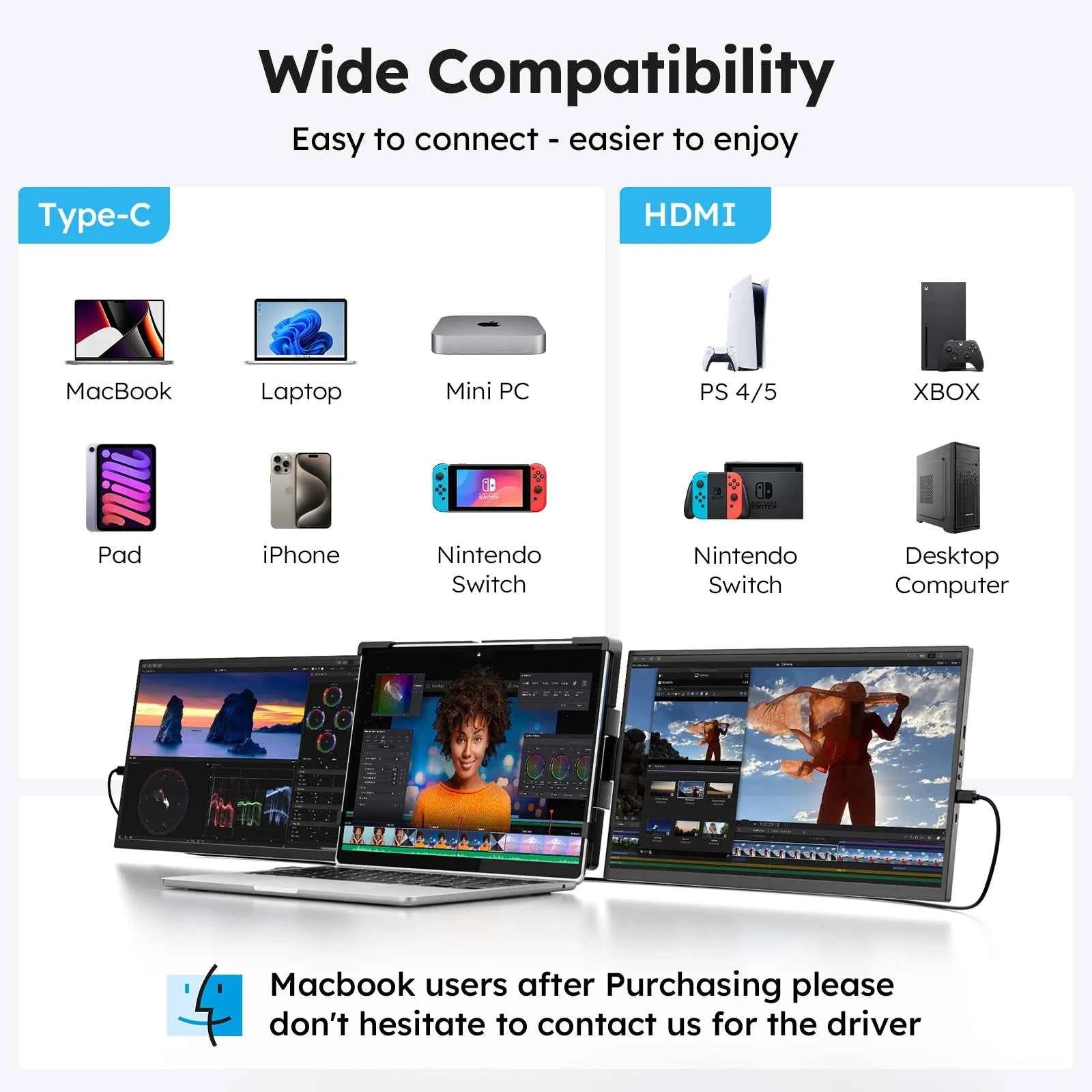 15.6inch Triple Screen Extender For Laptops 1080P FHD IPS Portable Dual External Monitors For Macbook Windows Extension 13-17