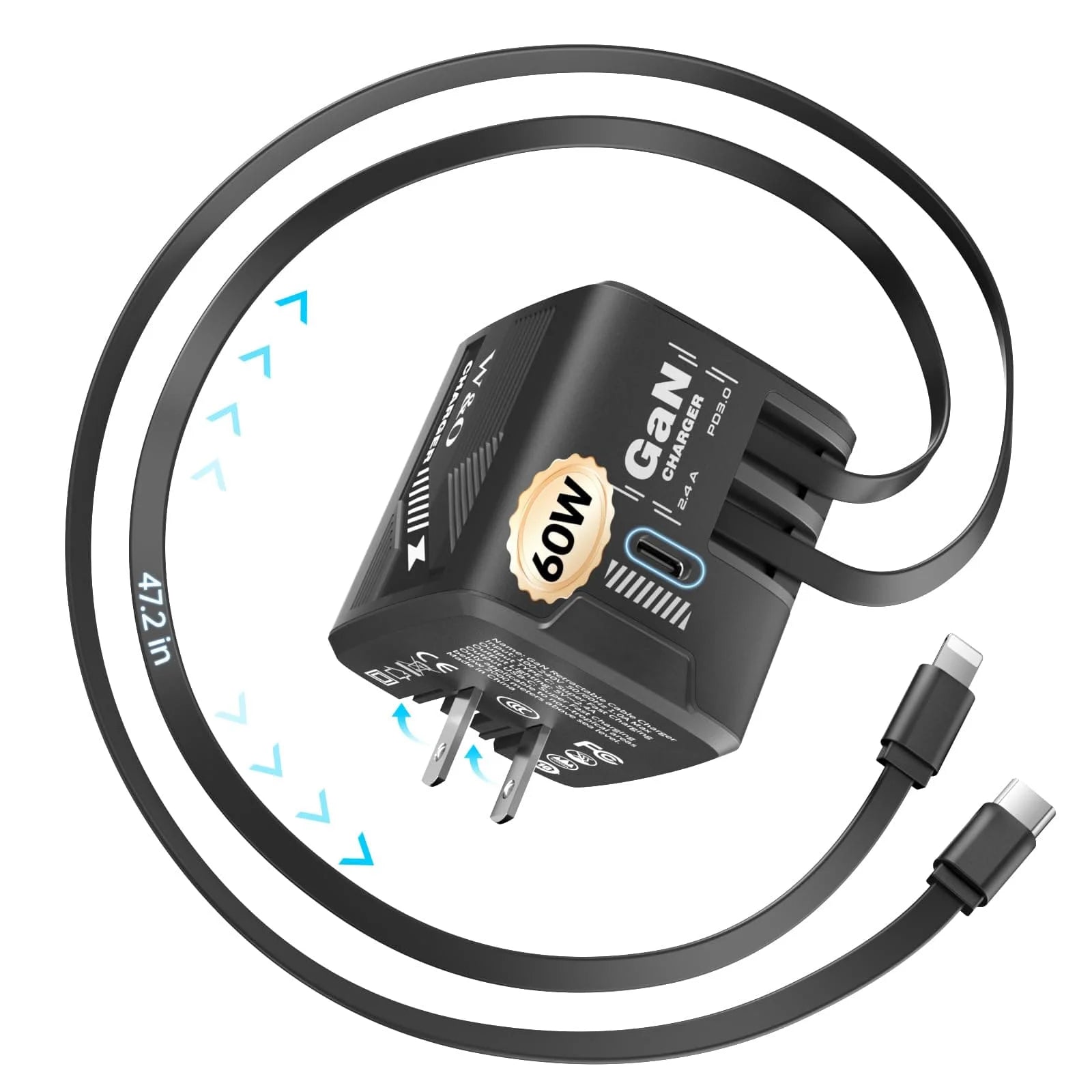 W & O 60W gan Fast Charger for iPhone, Retractable Phone Charger Wall Plug with Type‑C & Compatible Lightning Cables,for iPhone 17/16/15, Galaxy S25/24，Android Devices