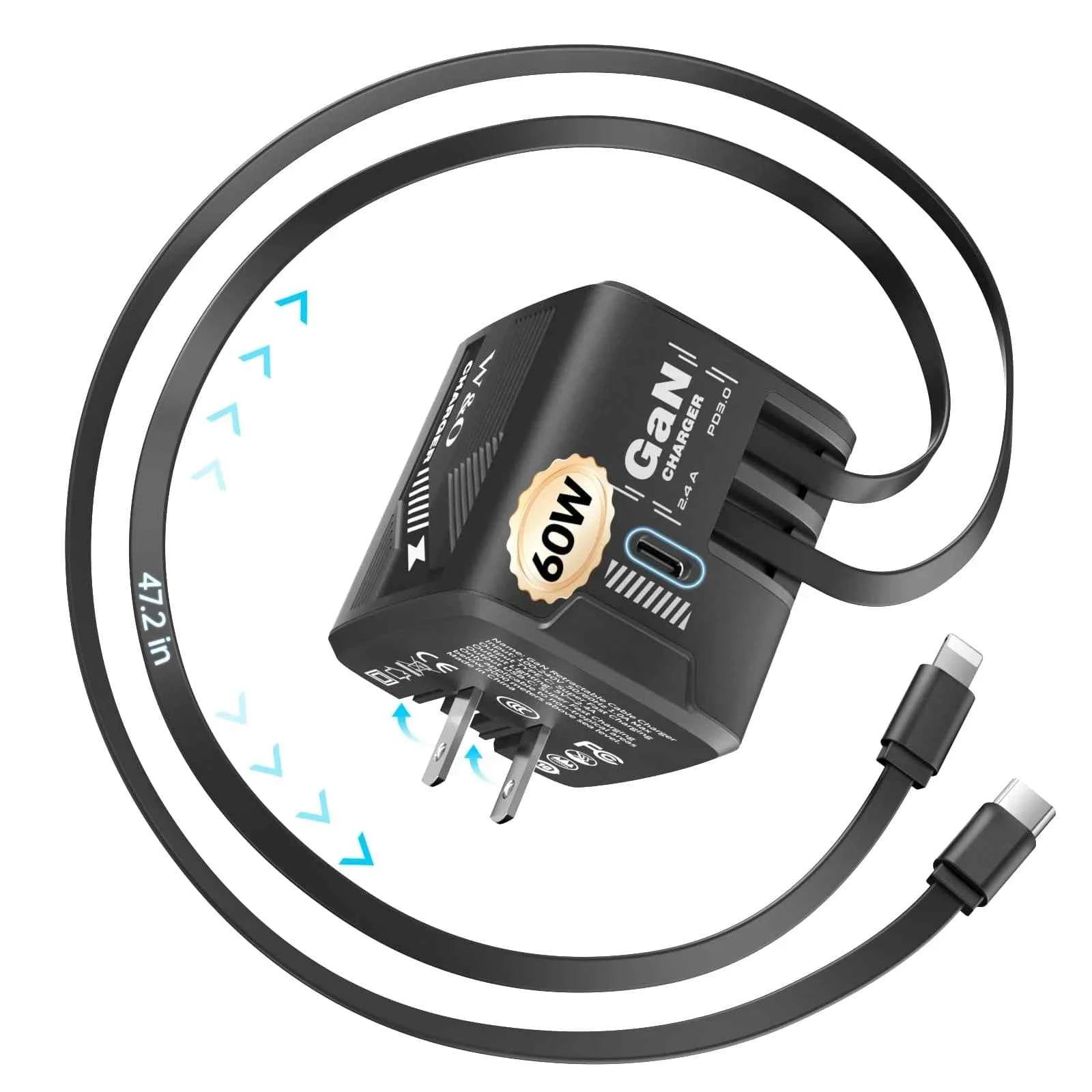 W & O 60W gan Fast Charger for iPhone, Retractable Phone Charger Wall Plug with Type‑C & Compatible Lightning Cables,for iPhone 17/16/15, Galaxy S25/24，Android Devices