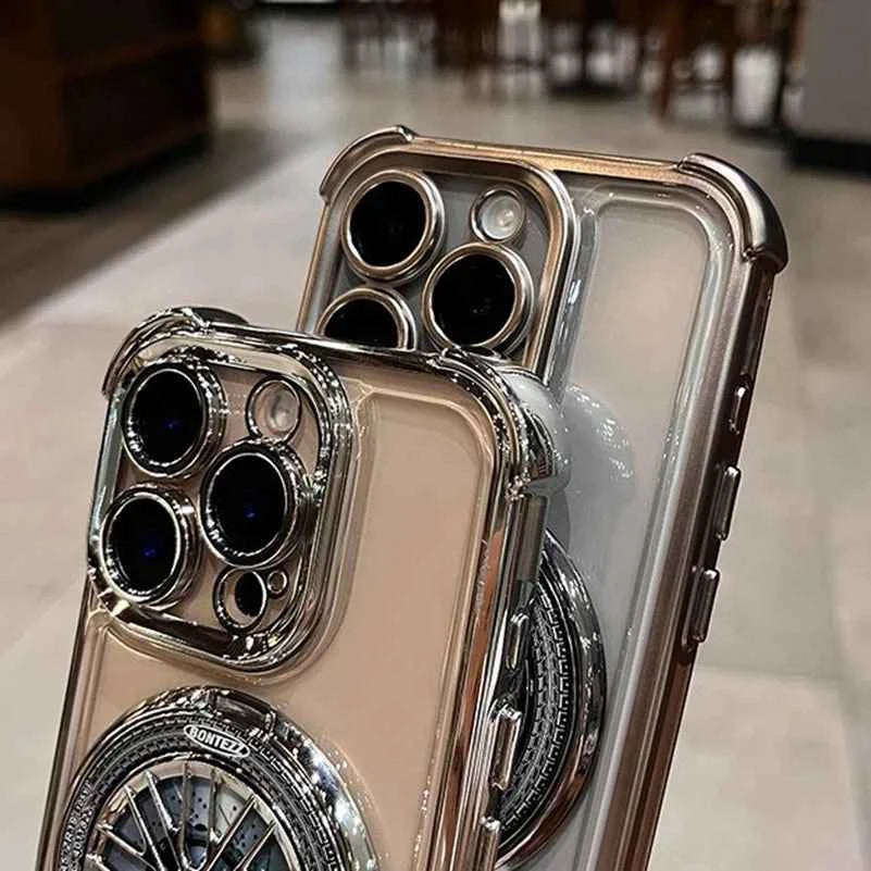 Luxury Plating  Airbag Shockproof Case For iPhone 16 Pro Max 11 12 13 14 15 Pro Max For Magsafe Rotating Gyro Stand Phone Cover
