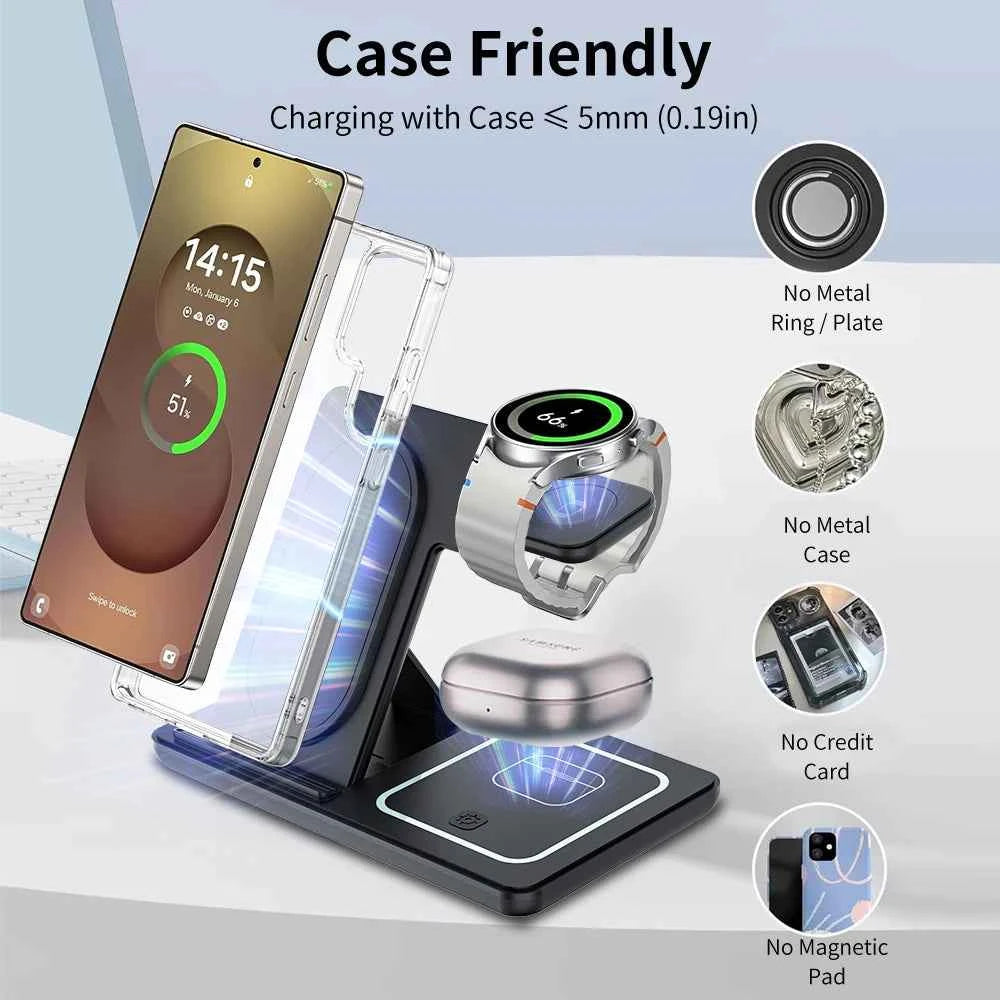 3 In 1 Foldable Wireless Charger Stand LED Fast Charging Station for Samsung S25 S24 S23 Galaxy Watch 2-8 Active Buds Pro