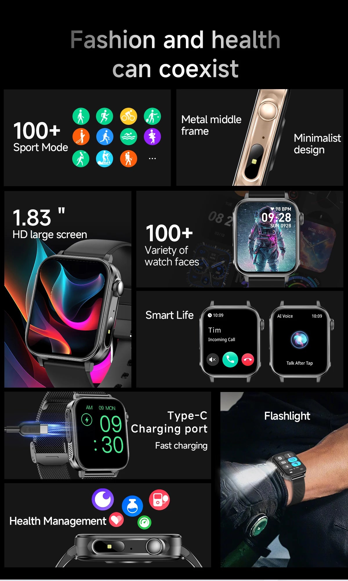 2025 New Smart Watch Men Women Type-C Charging Heart Rate LED Flashlight Bluetooth Call IP68 Waterproof SmartWatch for Android
