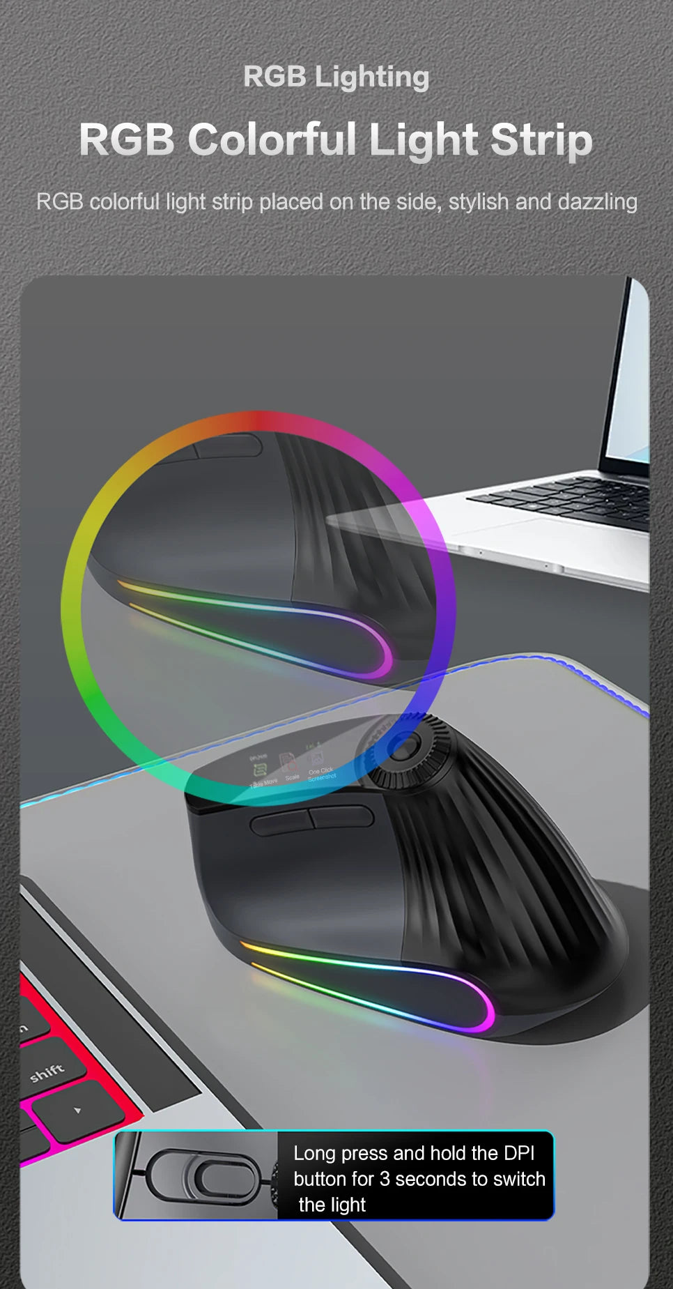 JOMAA Backlit Bluetooth Wireless Vertical Mouse With OLED Screen Rechargeable USB Wired Gaming Mouse 24000DPI Speed Roller