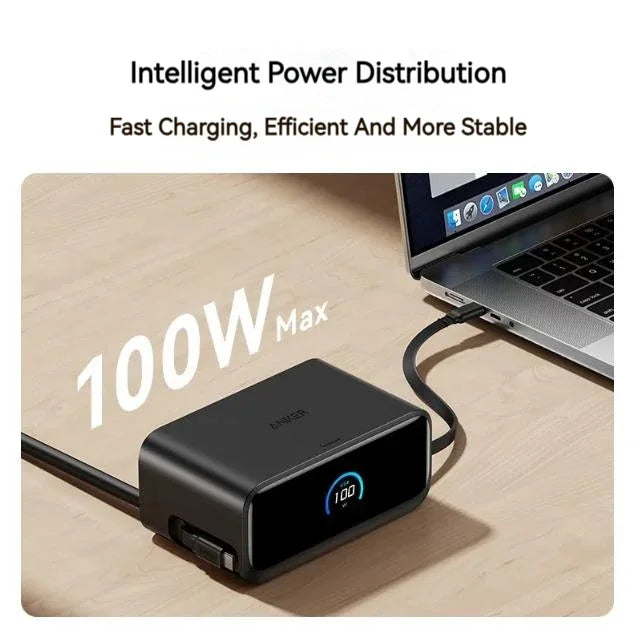 Anker Nano Charging Station USBC Power Strip 2.3 ft Anker InstaCord Retractable Cable 100W Fast Charging Desktop Chinese display