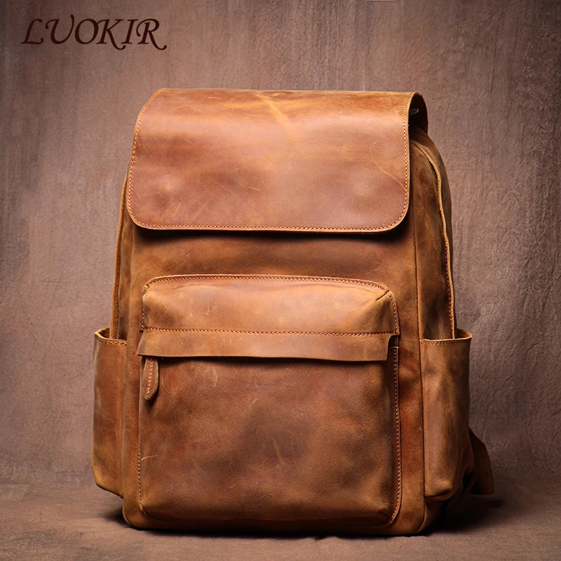 LUOKIR Genuine Leather Laptop Backpack 15 Inch – Vintage Crazy Horse Cowhide Business Travel Backpack for Men, Luxury School Computer Bag