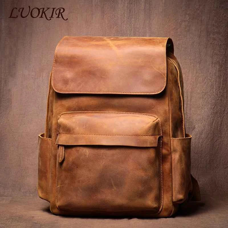 LUOKIR Genuine Leather Laptop Backpack 15 Inch – Vintage Crazy Horse Cowhide Business Travel Backpack for Men, Luxury School Computer Bag