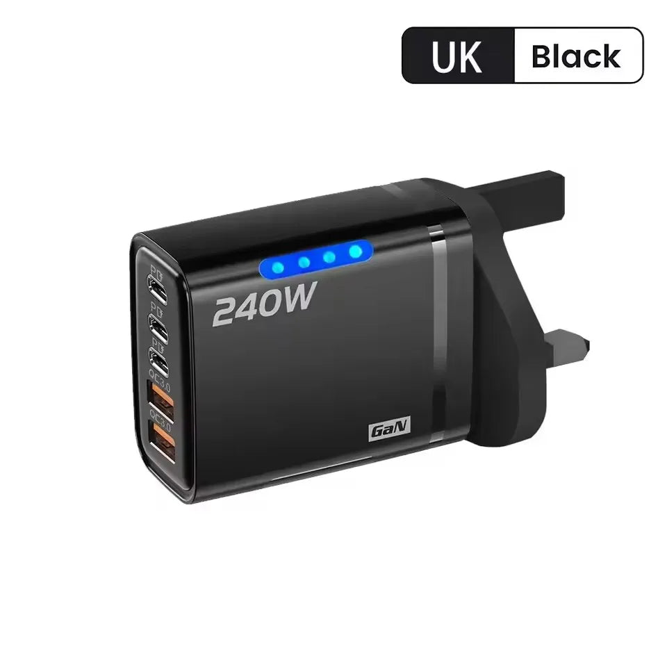 5 IN 1 GaN Desktop Charger For iPhone17 16Pro Laptop Samsung 240W Fast Charging Adapter 10A USB To Type-C Cable 3PD 2USB Charger