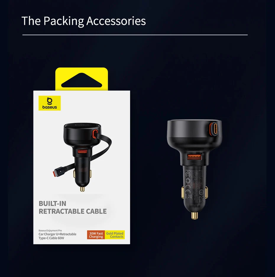 Baseus 60W Car Charger 2 in 1 Retractable Cable SCP 25W QC PD 30W Fast Car Phone Charger For iPad iPhone 16 15 14 13 Pro Samsung