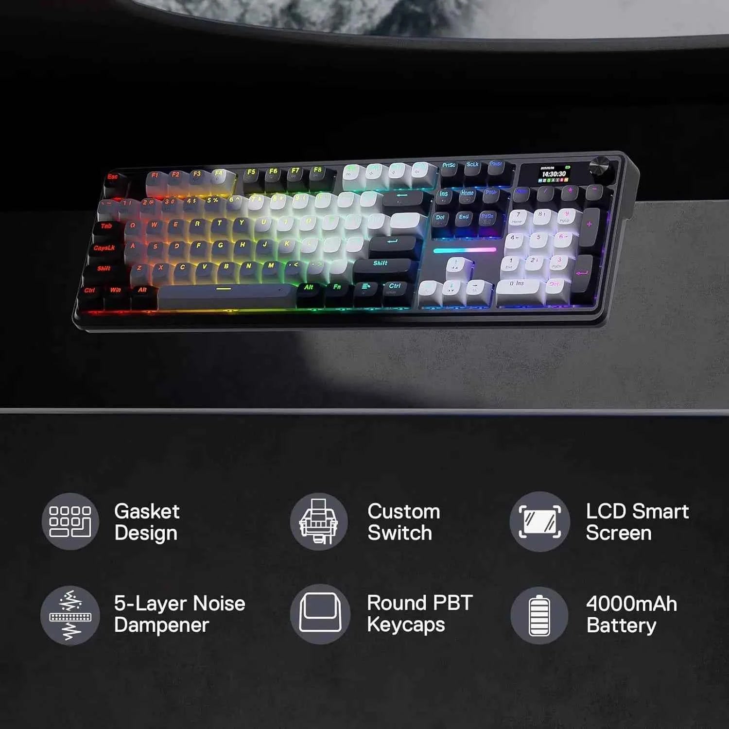 Redragon K762 Wireless Gasket Gaming Keyboard,104 Keys Mechanical Keyboard, Easy-Control 1.14’’ TFT Info Display