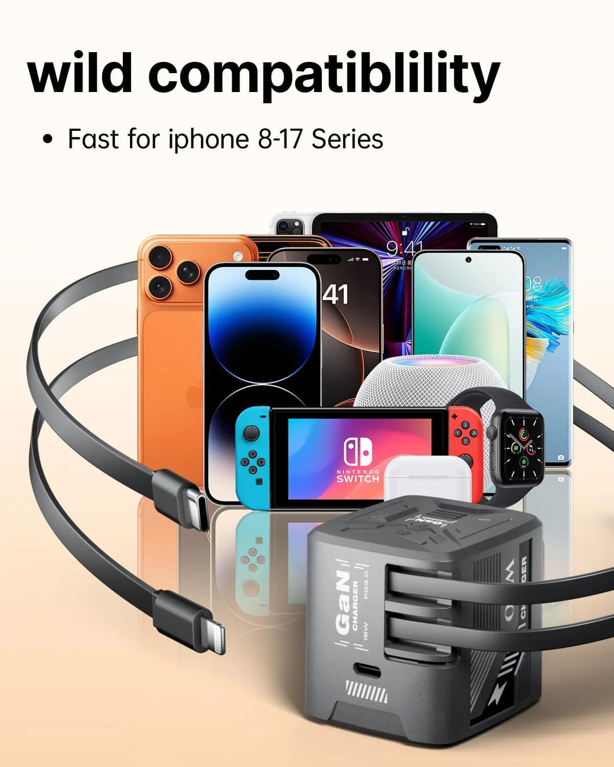 W & O 60W gan Fast Charger for iPhone, Retractable Phone Charger Wall Plug with Type‑C & Compatible Lightning Cables,for iPhone 17/16/15, Galaxy S25/24，Android Devices