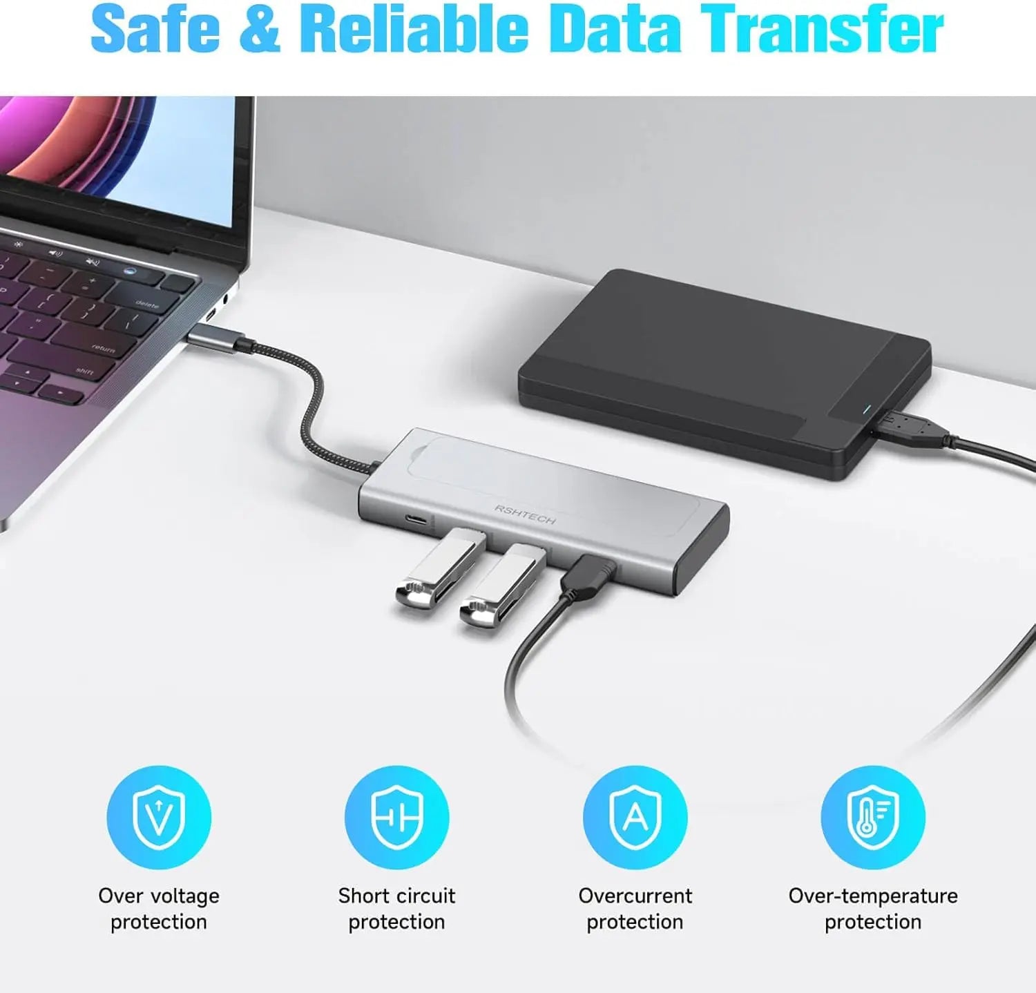 RSHTECH M.2 NVMe/SATA SSD Enclosure 5-in-1 Aluminum 10Gbps USB C Hub with 3 USB 3.2 Data Ports 100W Power Delivery and M2 SSD Docking Station External USB-C to M.2 Caddy for Laptops MacBook