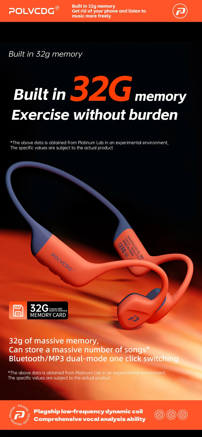 POLVCDG bone conduction earphones IPX8 waterproof 32GB memory Bluetooth 5.4 silicone material 2024 new product X16