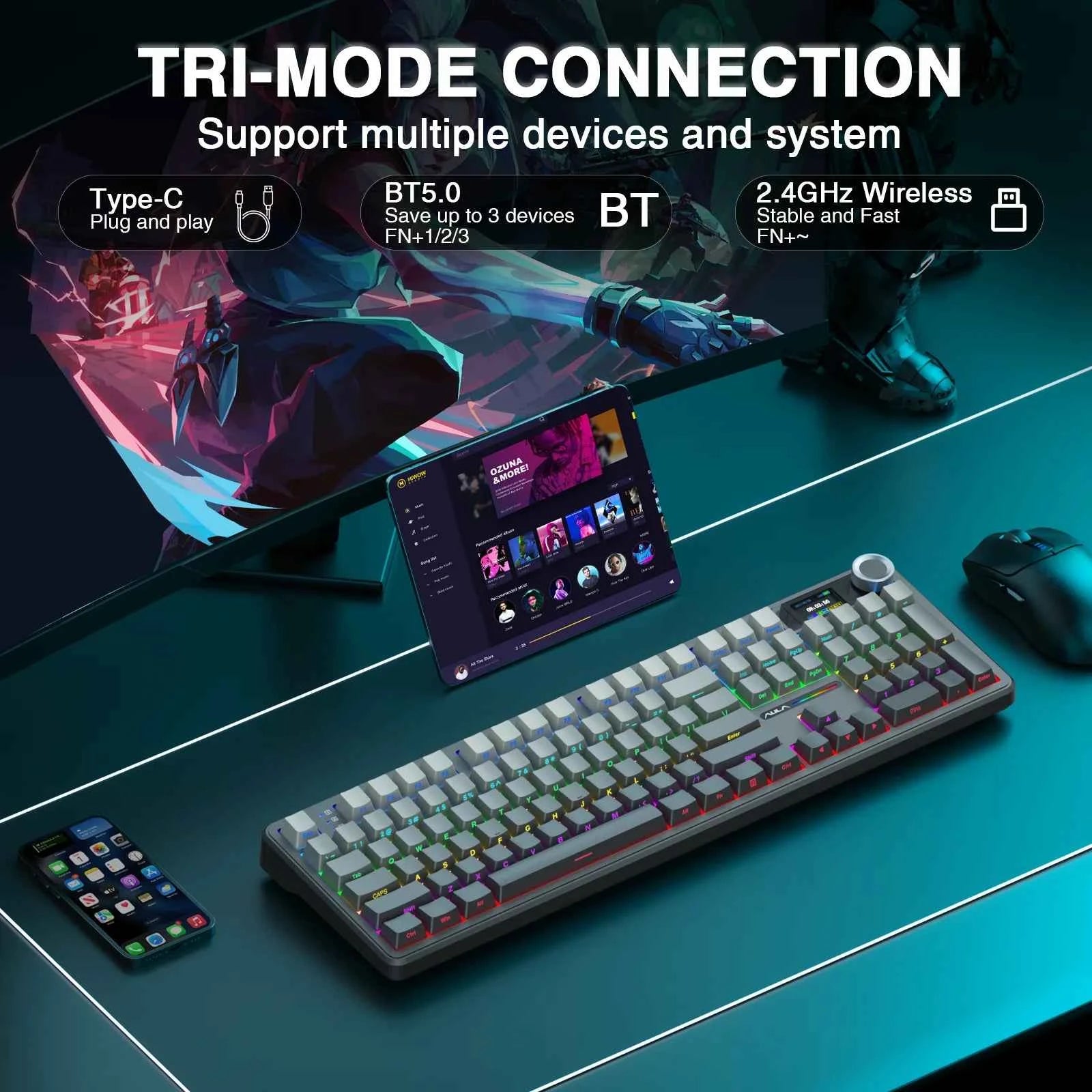 AULA F108pro Wireless Bluetooth Keyboard Macro Gaming keyboard Gasket Hot-swap Full Size Keyboard with TFT Smart Display