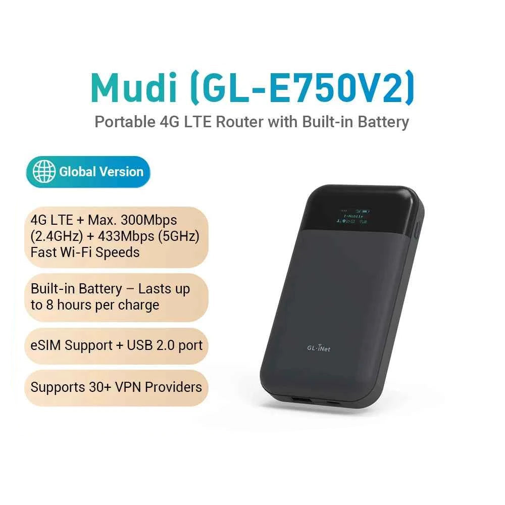 GL.iNet MUDI V2 (GL-E750V2) 750Mbps 1TB Max MicroSD with OpenWrt 4G LTE Router