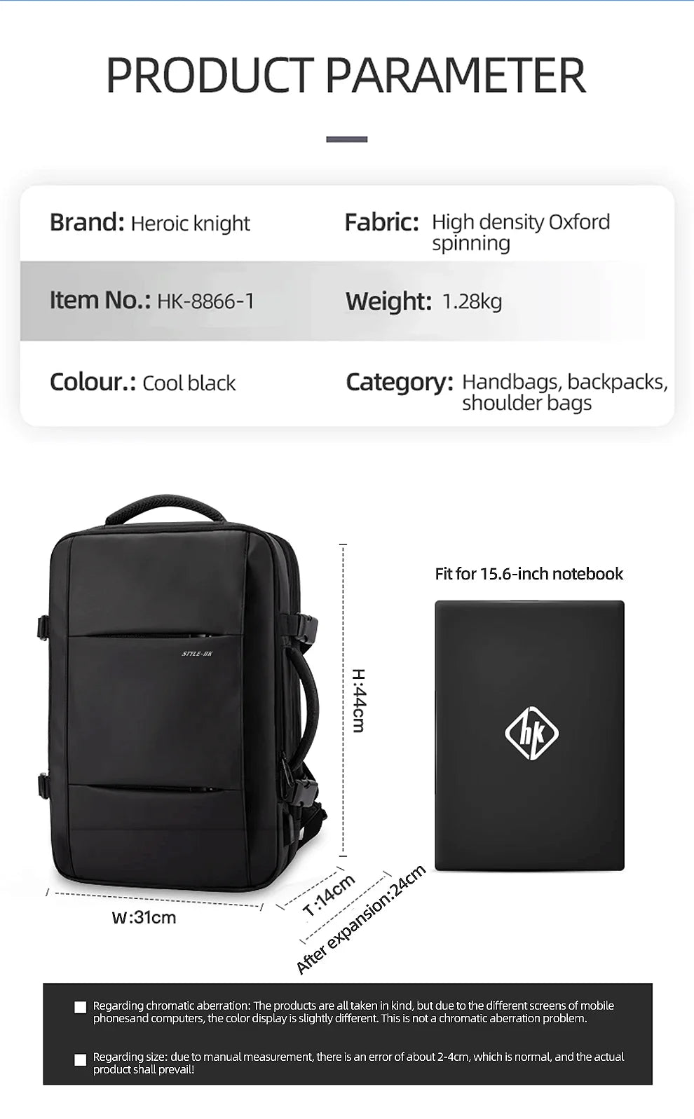 Heroic Knight Travel Laptop Backpack 15.6 Inch – Expandable Waterproof Business Backpack for Men, USB Charging Port, Large Capacity School & Work Bag