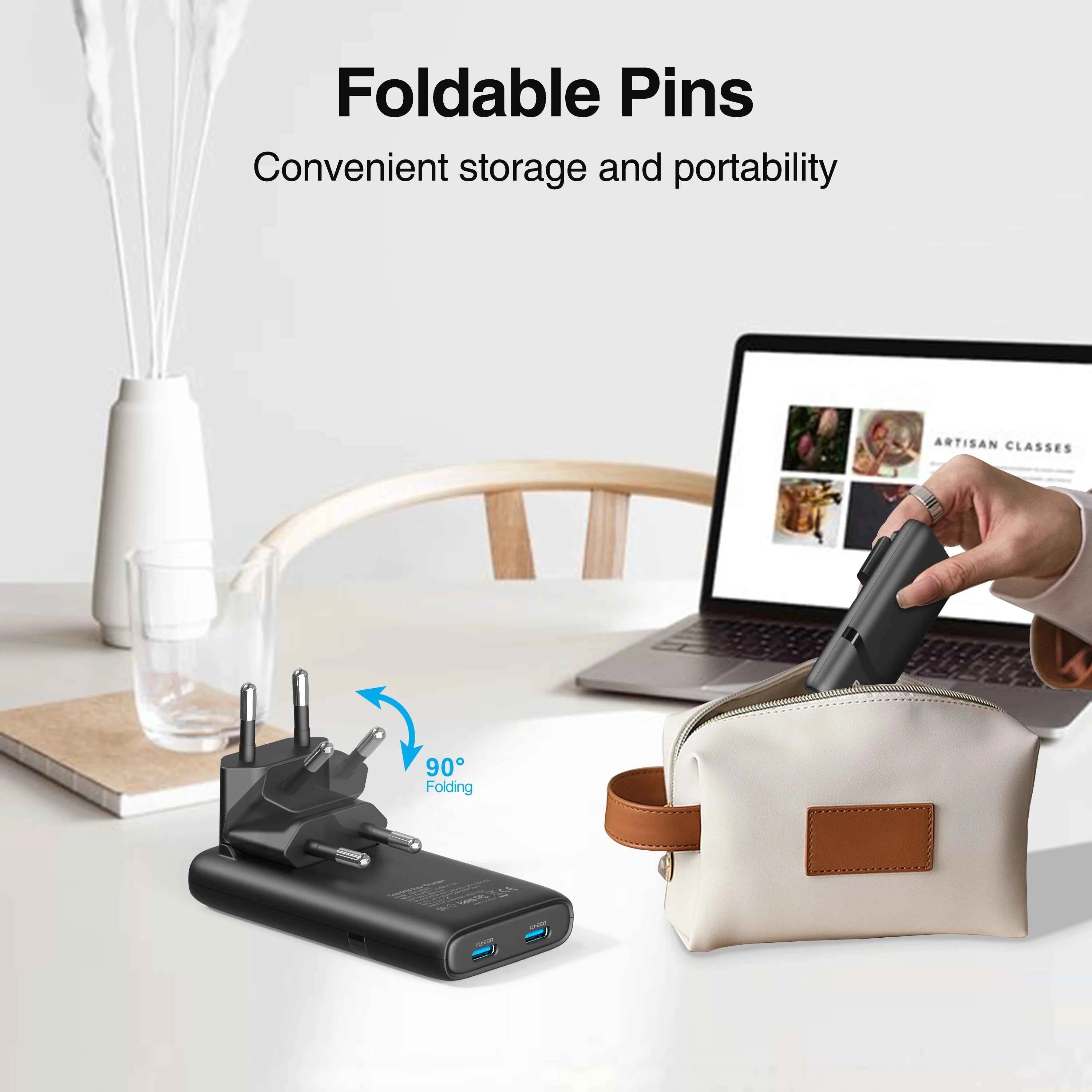 65W Flat GaN USB C Charger Dual-port Fast Wall Charger Compact Power Adapter With Foldable Plug For Mobile Phone