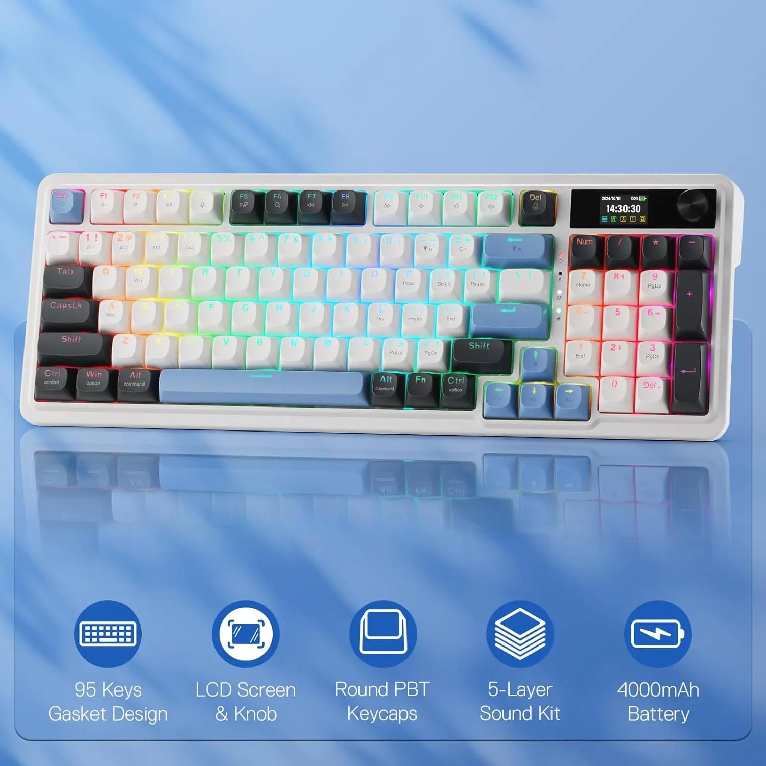 Redragon K719 Wireless Gasket Gaming Keyboard w/Hype Screen & Knob, 95 Keys Mechanical Keyboard, Easy-Control 1.14’’ TFT Info