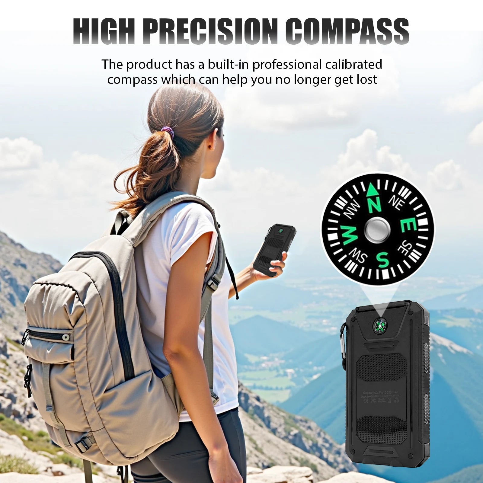10000mAh Solar Power Bank Portable Waterproof Outdoor Dual 5V 1A USB Ports Fast Charging LED Flashlight for iPhone Tablets