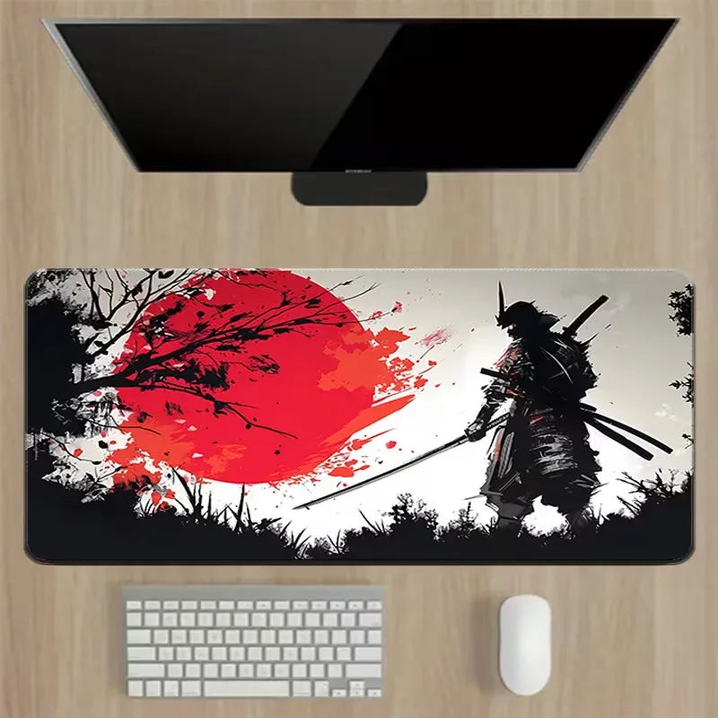 Japanese Samurai Art Mouse Pad, Traditional Calligraphy Pattern Non Slip Desk Mat Game Lovers Office Home Keyboard Desktop Decor