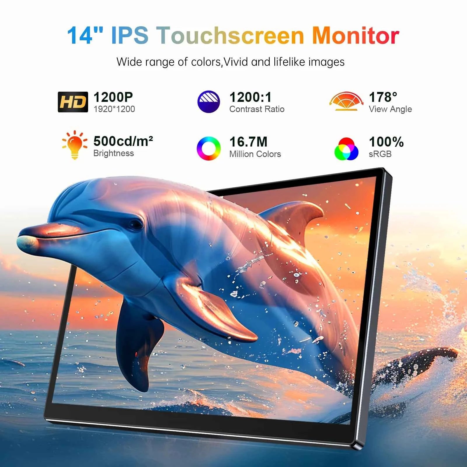 14 inch Portable Monitor Touch Screen with 1920X1200 IPS Office Computer Second Display for Laptop Phone CCTV DIY Car Syteam