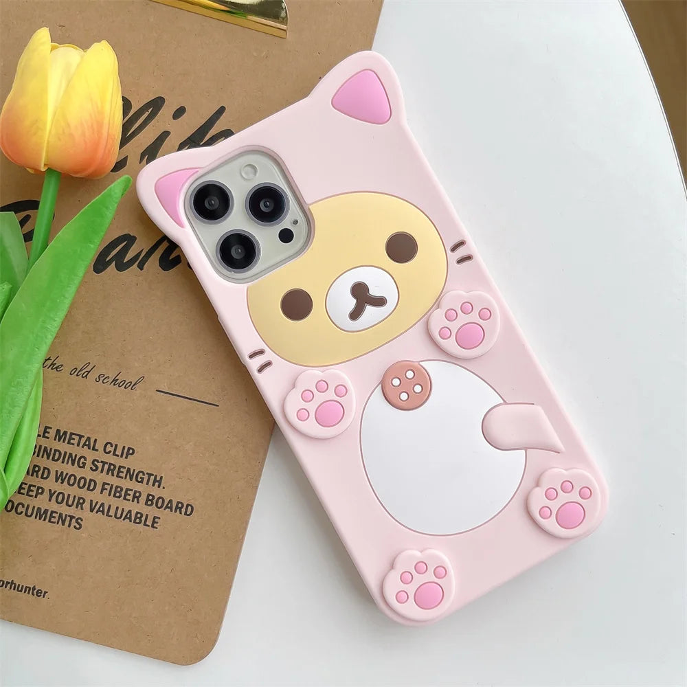 Cute Cartoon 3D Rilakkuma Phone Case For iPhone 17 16 15 14 13 12 11 Pro X XS Max XR 6 7 8 Plus 5 5S SE Key Chain Pendant Cover