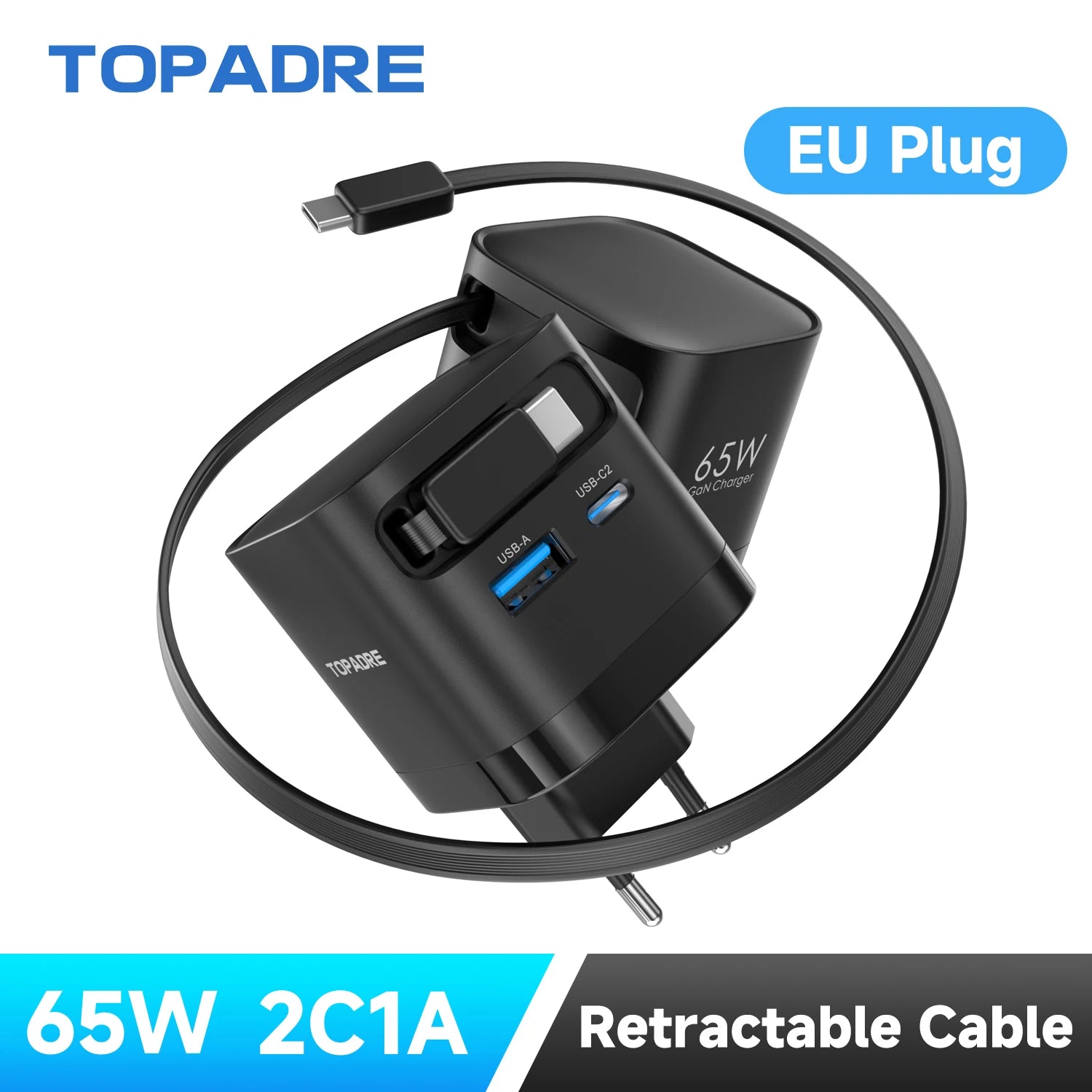 65W GaN Fast Charger with Retractable Cable, Foldable Plug, Quick Charging Block, for iPhone , Samsung , iPad, Android Phones