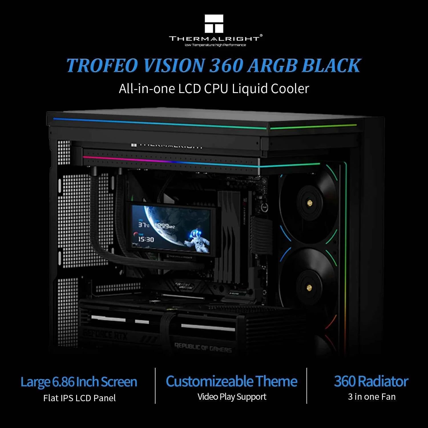 Thermalright TROFEO VISION 360 ARGB BLACK AIO CPU LIQUID COOLER 6.86-inch Full-color LCD Display High-performance Linked-ring