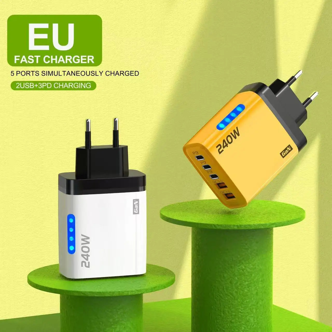 240W GaN Charger 5-in-1 3USB-C PD and 2USB-A QC3.0 Fast Charging for iPhone 16 17 Samsung S25 S24 Xiaomi 15 16 17 Huawei Mate