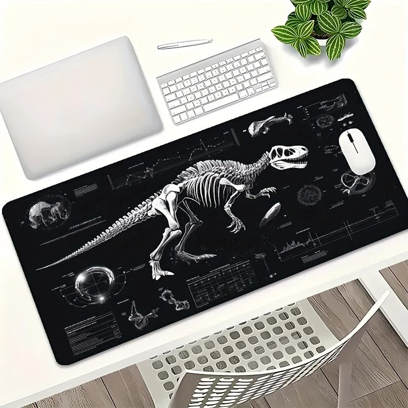 XXL Dinosaur Skeleton Gaming Desk Mat - Black and White Tech Style Extended Pad, Non-Slip Rubber PC Mat