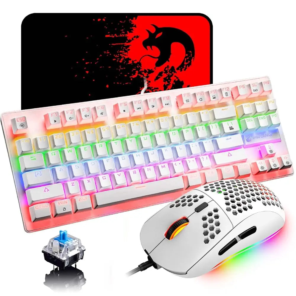K2 Wired Mechanical Gaming Keyboard 82 Keys Rainbow Backlit Blue Switch Keyboard&Lightweight Gaming Honeycomb Mouse 6400DPI