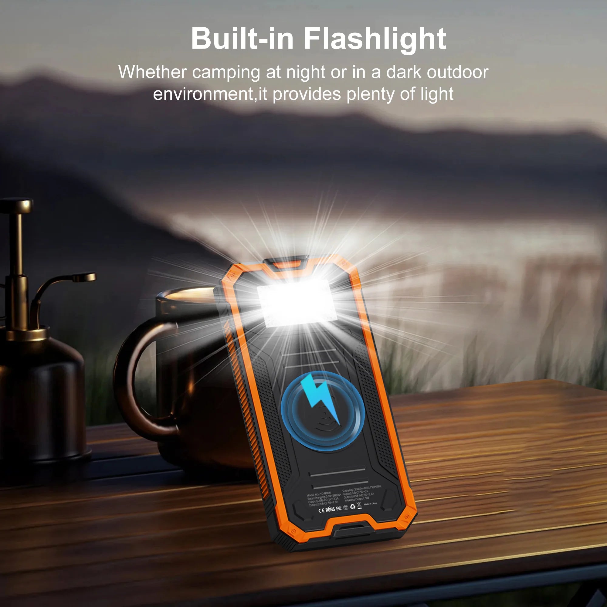 Solar Power Bank Wireless Charger 20,000mAh,Portable Solar Powered USB C Input/Output with Camping Flashlight for Cell Phone