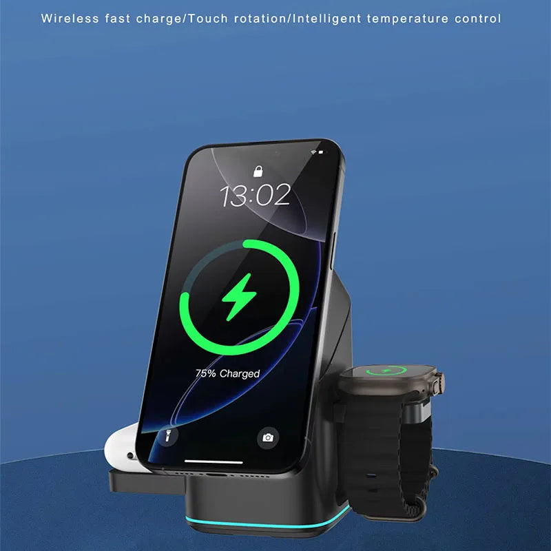 Qi2 15W 3-in-1 Magnetic Wireless Charger Stand Fast Charging For iPhone 14 15 16 17/AirPods Charger Touch Auto Rotation