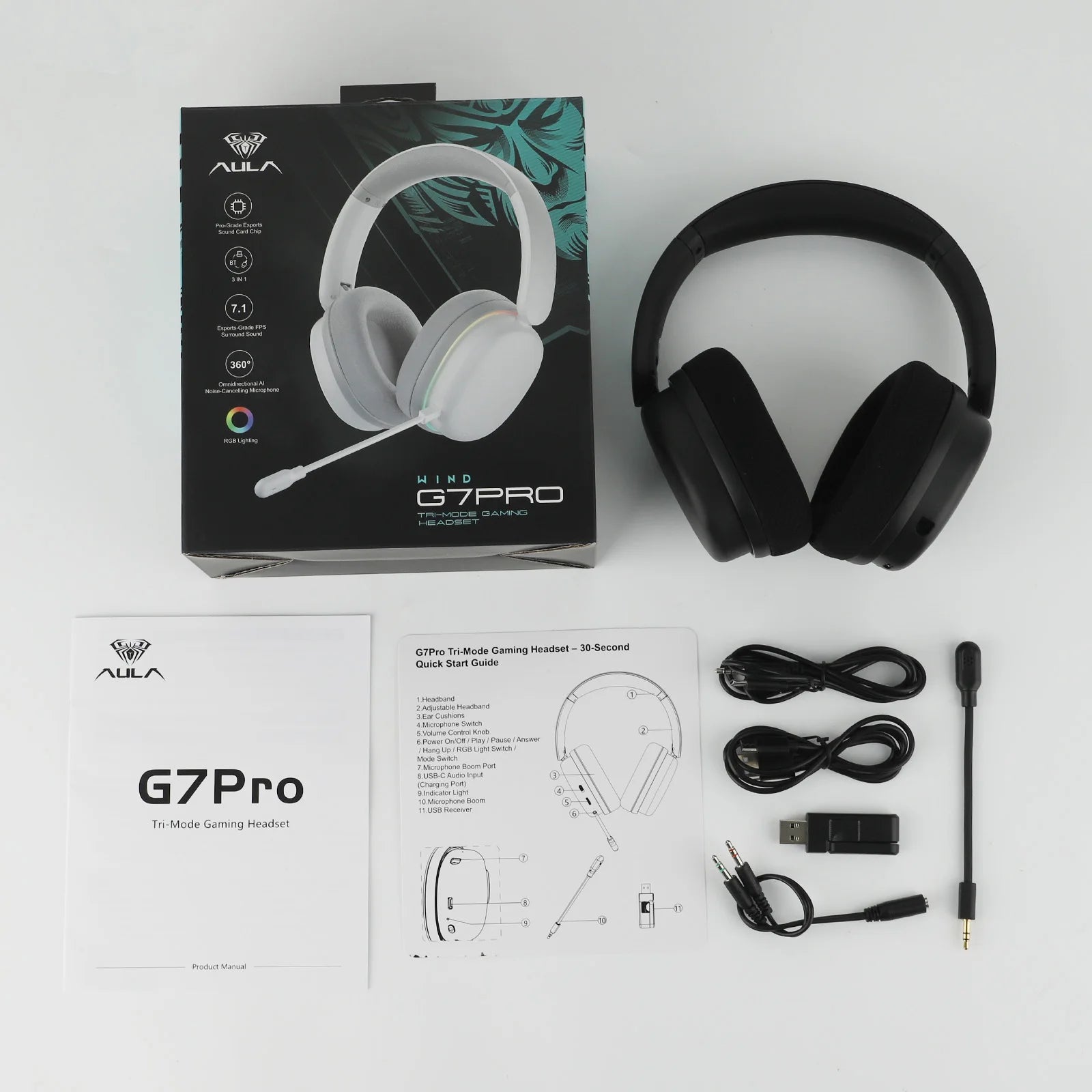 AULA G7 Pro Wired/Bluetooth/2.4GHz Wireless Gaming Headphone Noise-Canceling Microphone with RGB Light for PS4/PS5/PC/Switch