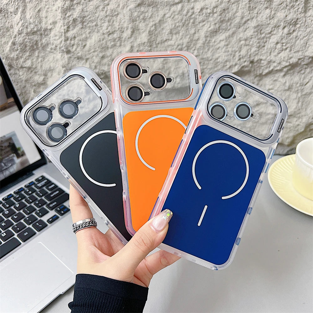 Luxury Matte Shockproof Magnetic Bumper Case For iPhone 17 Pro Max Air 16 15 14 Plus 13 12 For Magsafe Lens Protect Stand Cover
