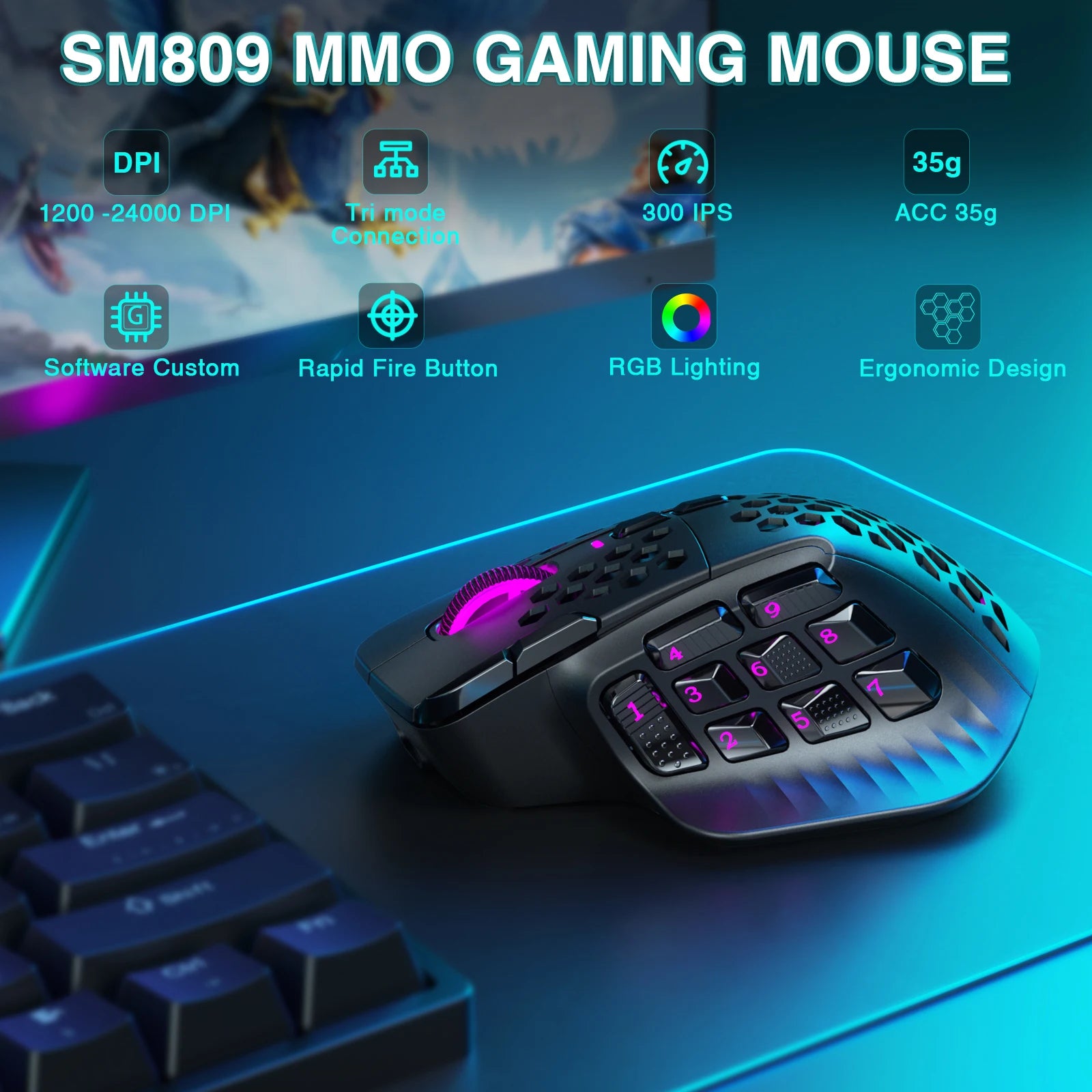 SOLAKAKA SM809 Pro Wireless MMO Gaming Mouse PAW3311 16 Side Buttons 24000 DPI RGB Honeycomb Programmable Macro Wireless mouse - WinSupport Tech