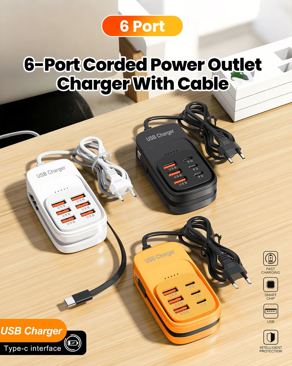 Fast USB Charger 6 in 1 Power Strip Desktop Charging Station Fast Charging Cord EU/UK/US Plug USB HUB Adapter Socket 3PD 3USB iphone charger