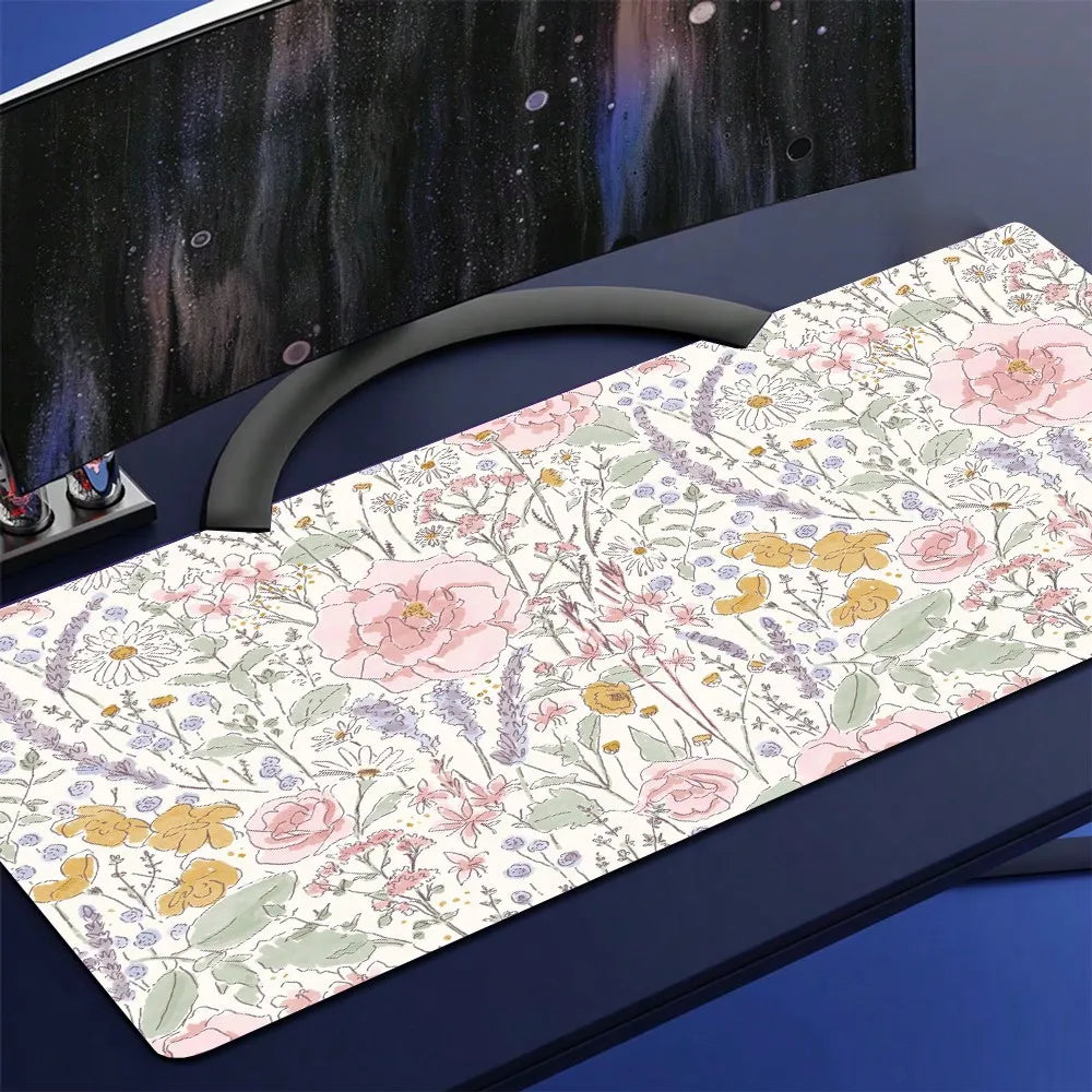 1pc Cute Floral Desk Mat Pink Flowers Plant Mouse Pad XXL Large Extended Gaming Mousepad Women Office Decor Desk Pad, Big Laptop Computer Keyboard And Mouse Mat
