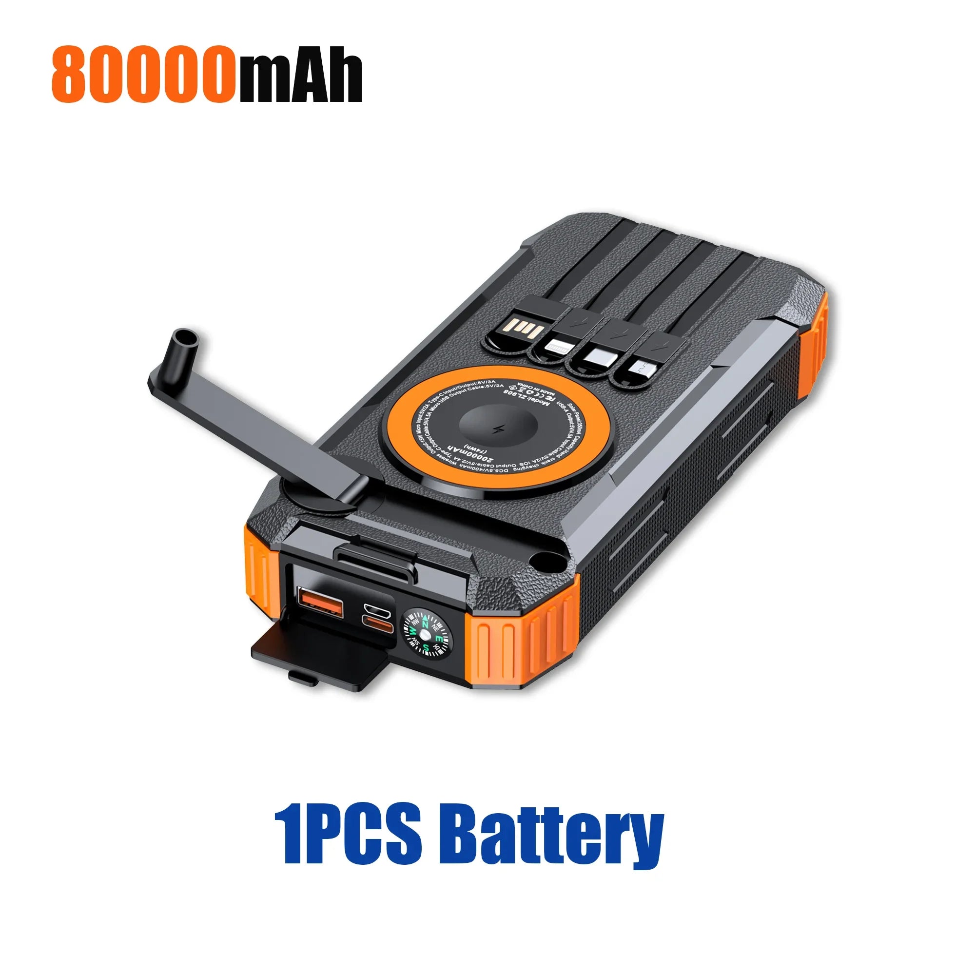 80000mAh Magnetic Wireless Power Bank Solar Hand Crank Portable Charger with LED Emergency Light for iPhone Apple Watch AirPod